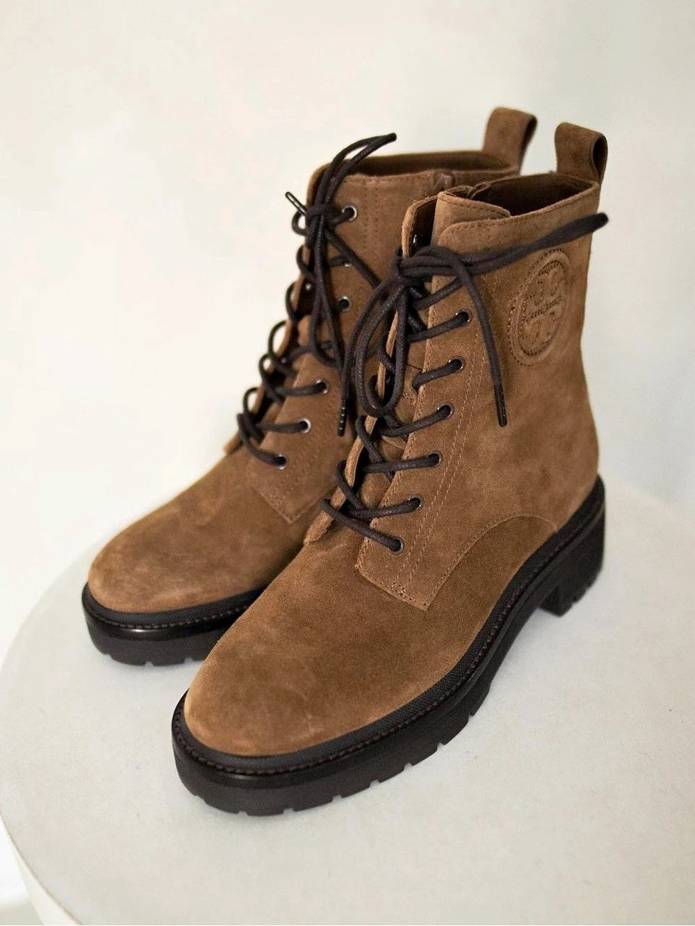 Tory Burch T Monogram Lug Boot Suede Combat Boots Brown US 6.5M